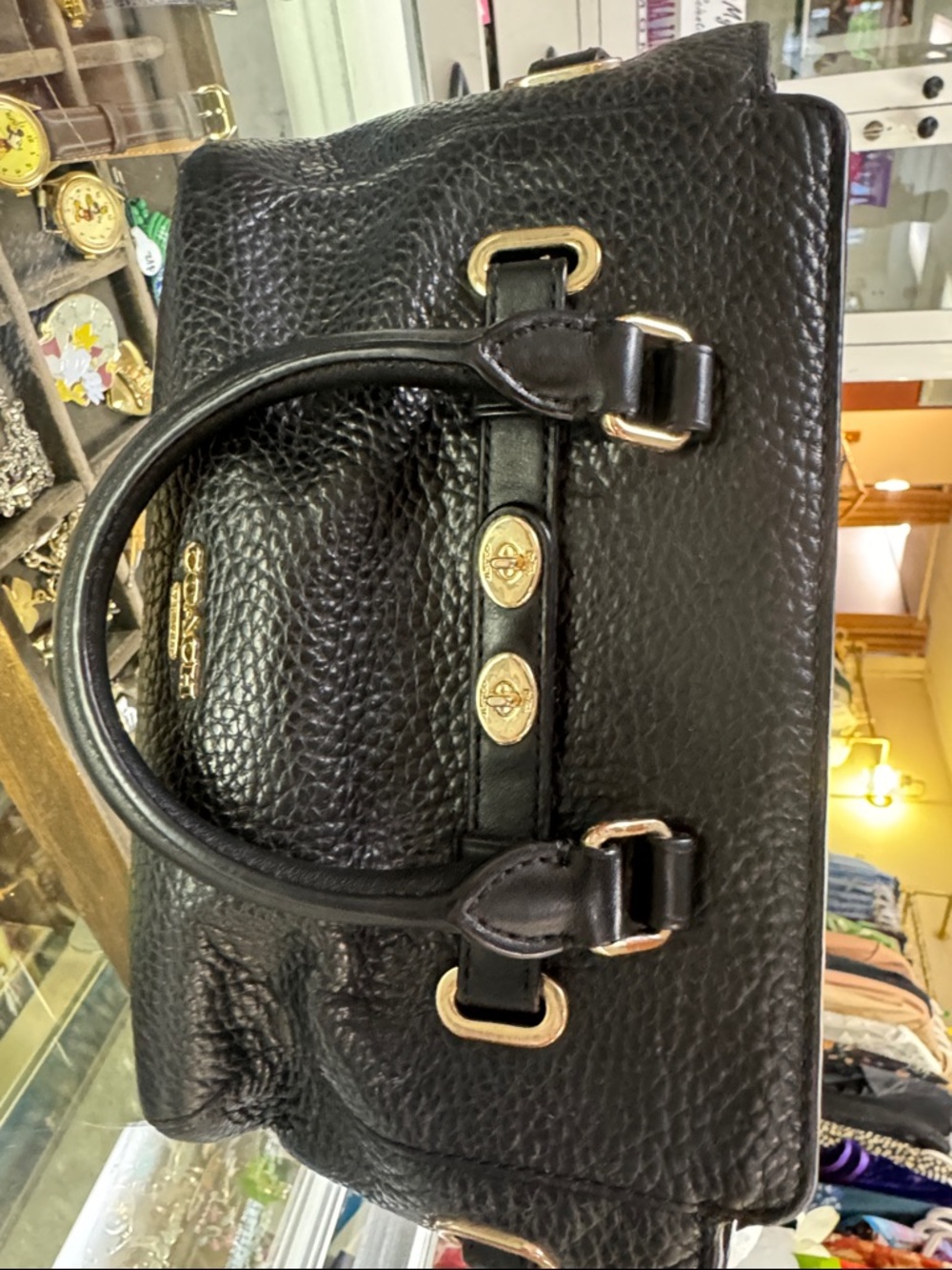 Coach Black Leather Handbag with Gold Logo Detail